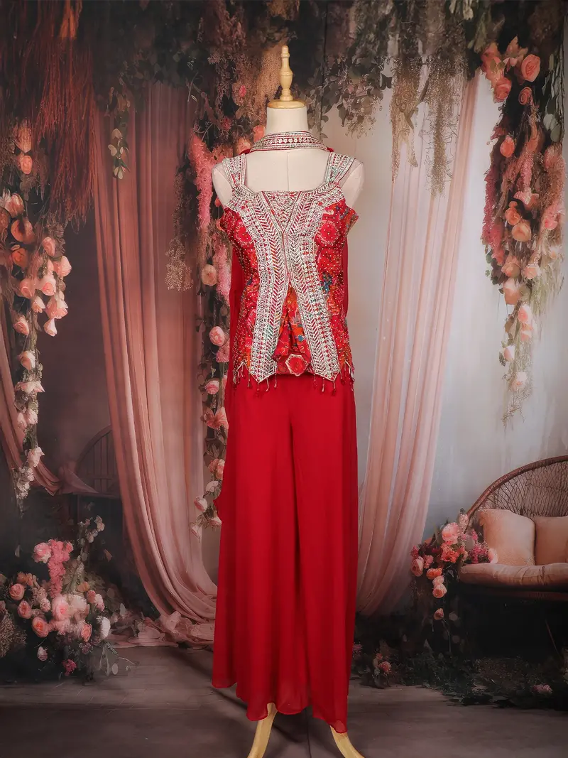 Red Floral Printed Sequins And Beads Embroidered Design Indo Western Palazzo Set With Dupatta 1