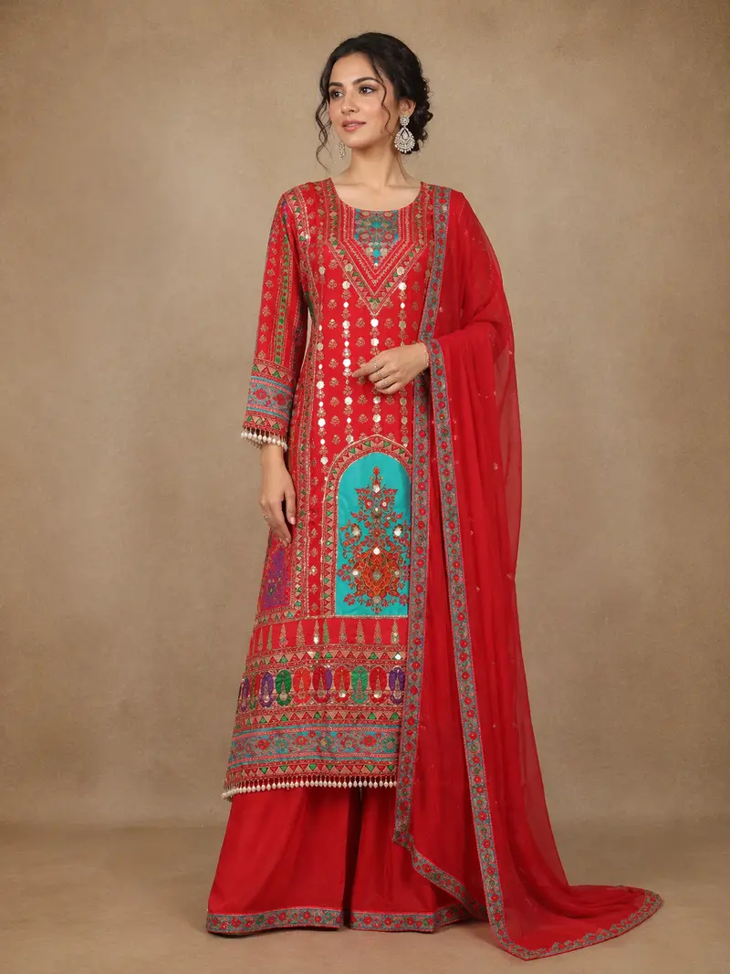 Red Floral Printed Synthetic Palazzo Salwar Suit 1