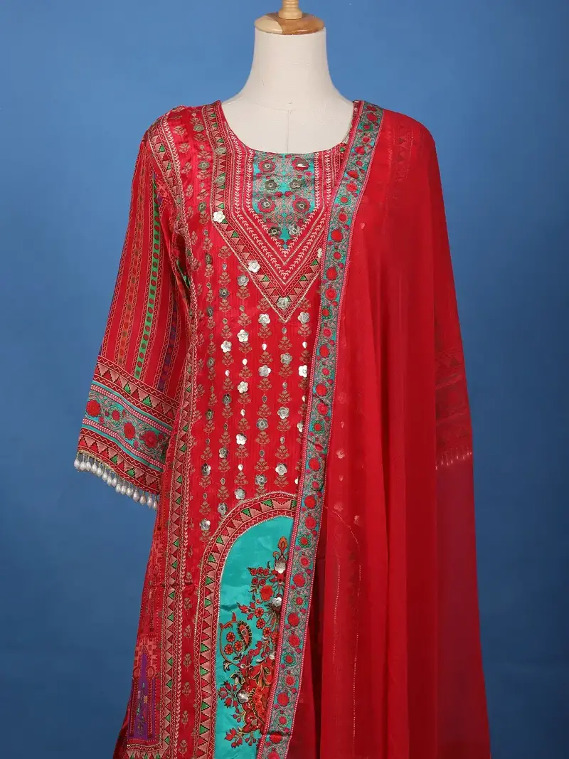 Red Floral Printed Synthetic Palazzo Salwar Suit 3