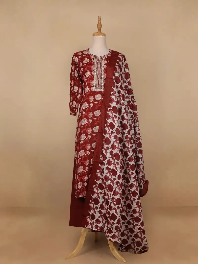 Red Floral Prints Cotton Straight Cut Salwar Suit 1