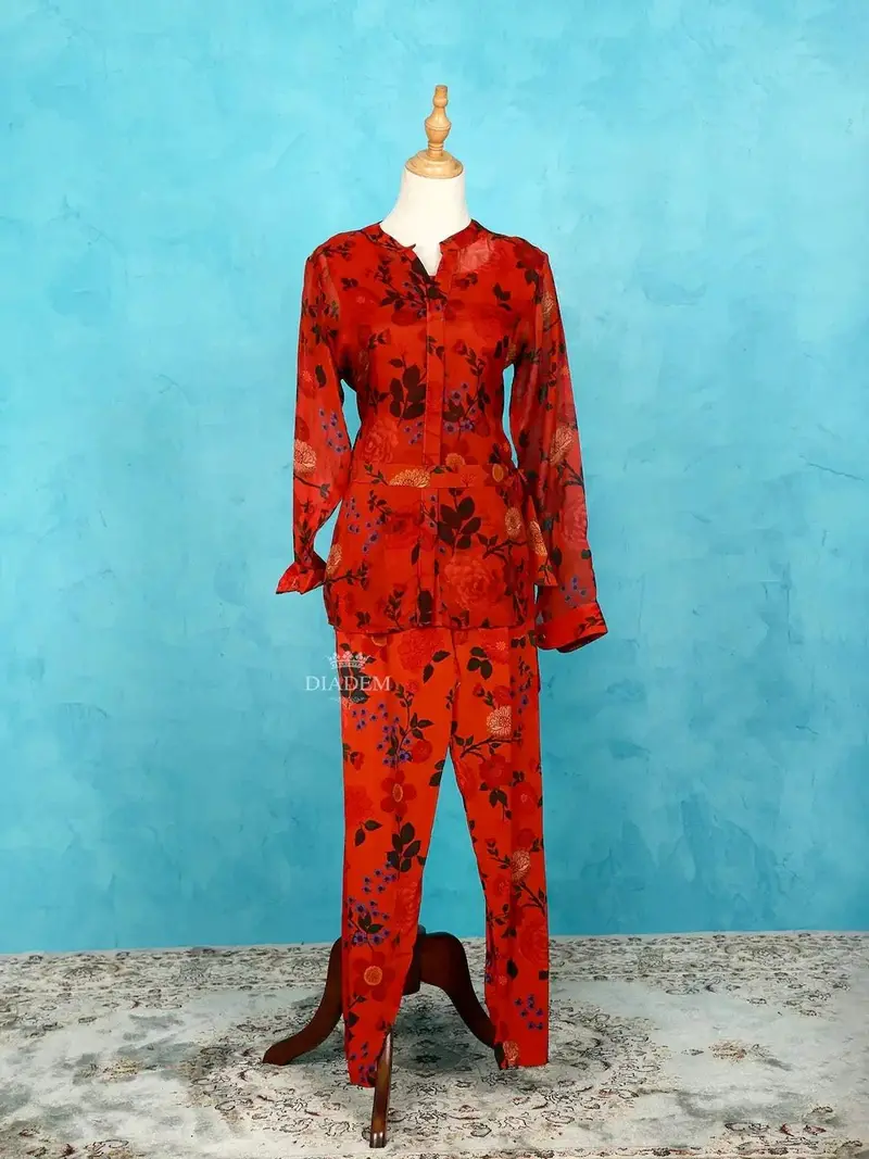 Red Floral Prints Salwar Suit Along With Blouse, Pant And Waist Belt 1