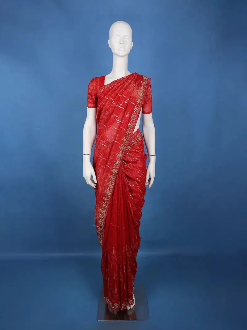 Red  Floral Sequin Embroidered Chiffon Saree 1