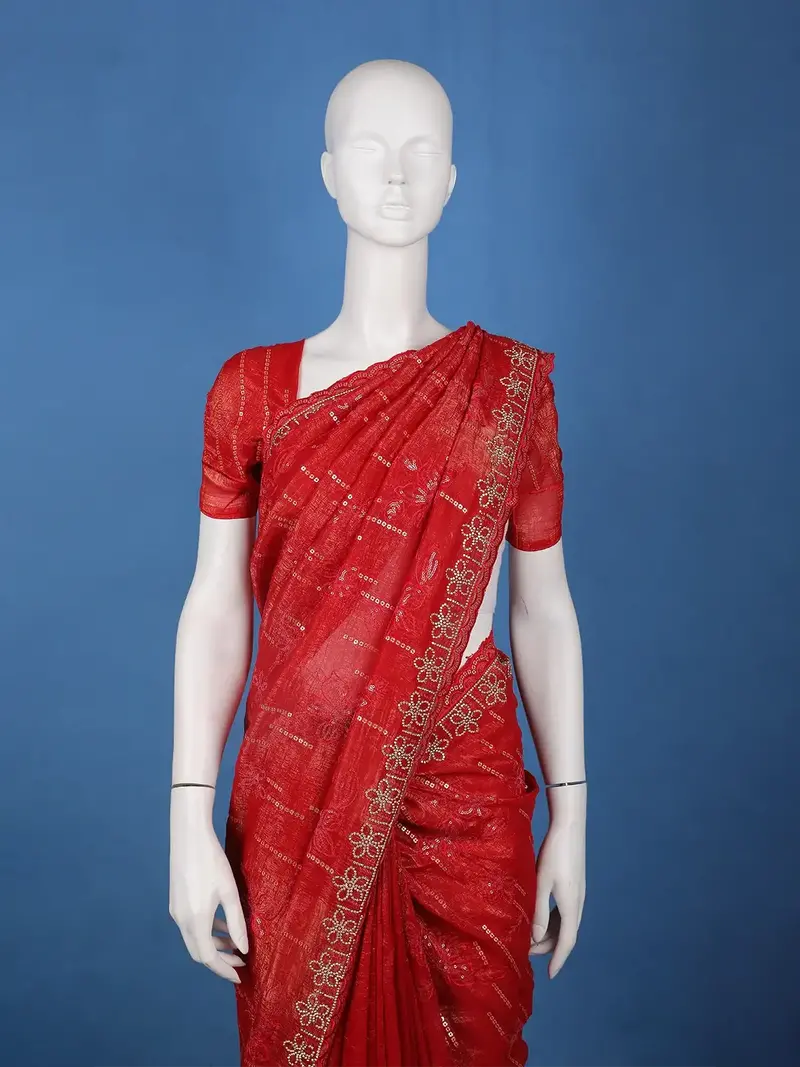 Red Floral Sequin Embroidered Chiffon Saree 2