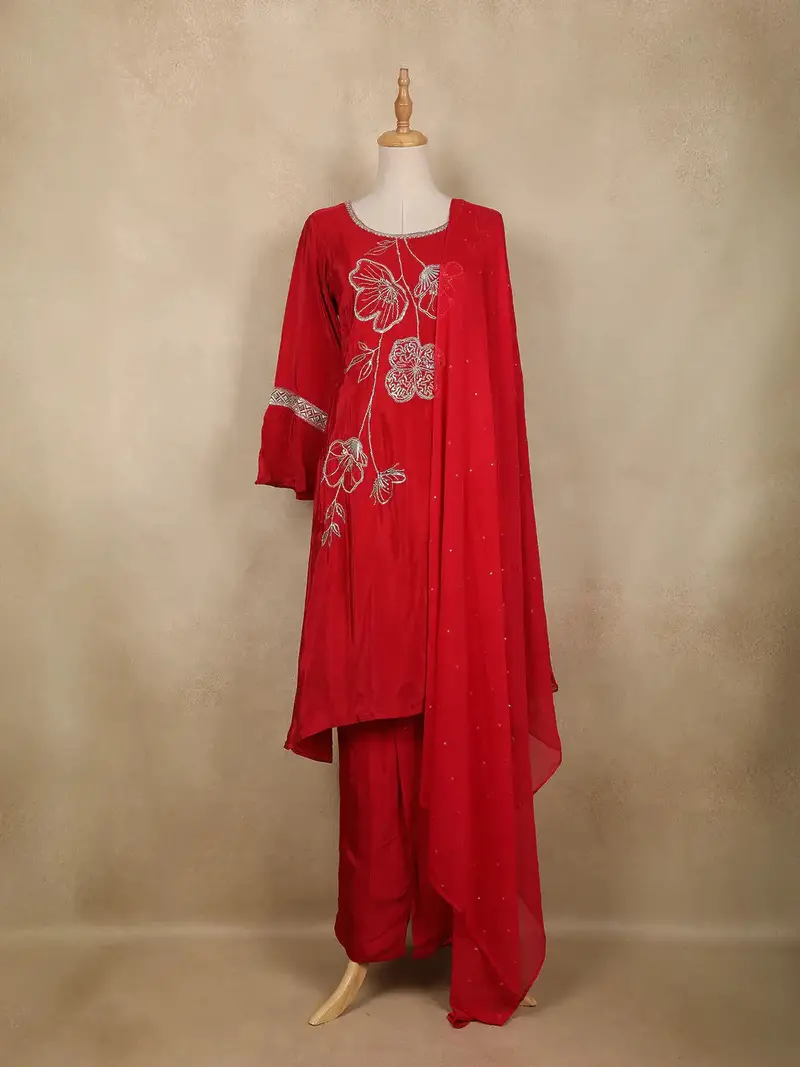 Red Floral Sequins Design Synthetic Salwar Suit 1
