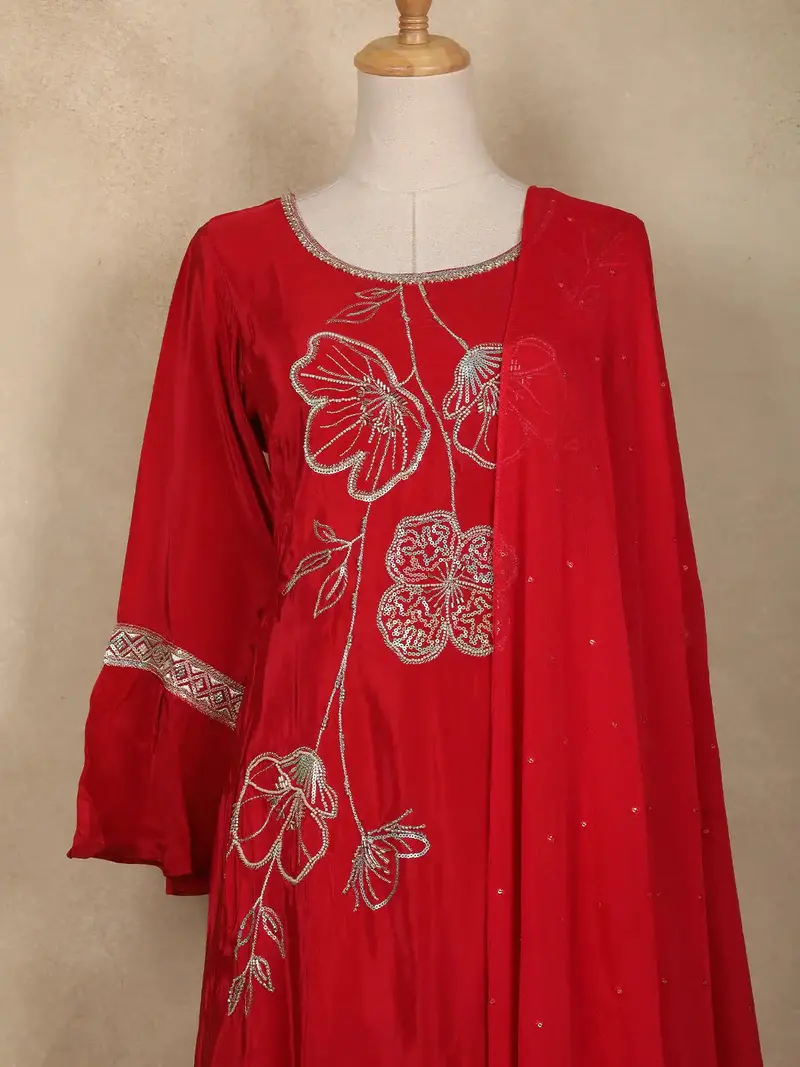 Red Floral Sequins Design Synthetic Salwar Suit 2
