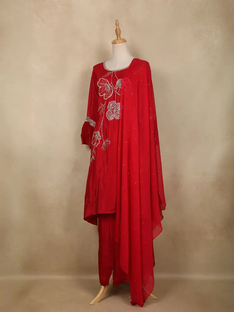 Red Floral Sequins Design Synthetic Salwar Suit 3