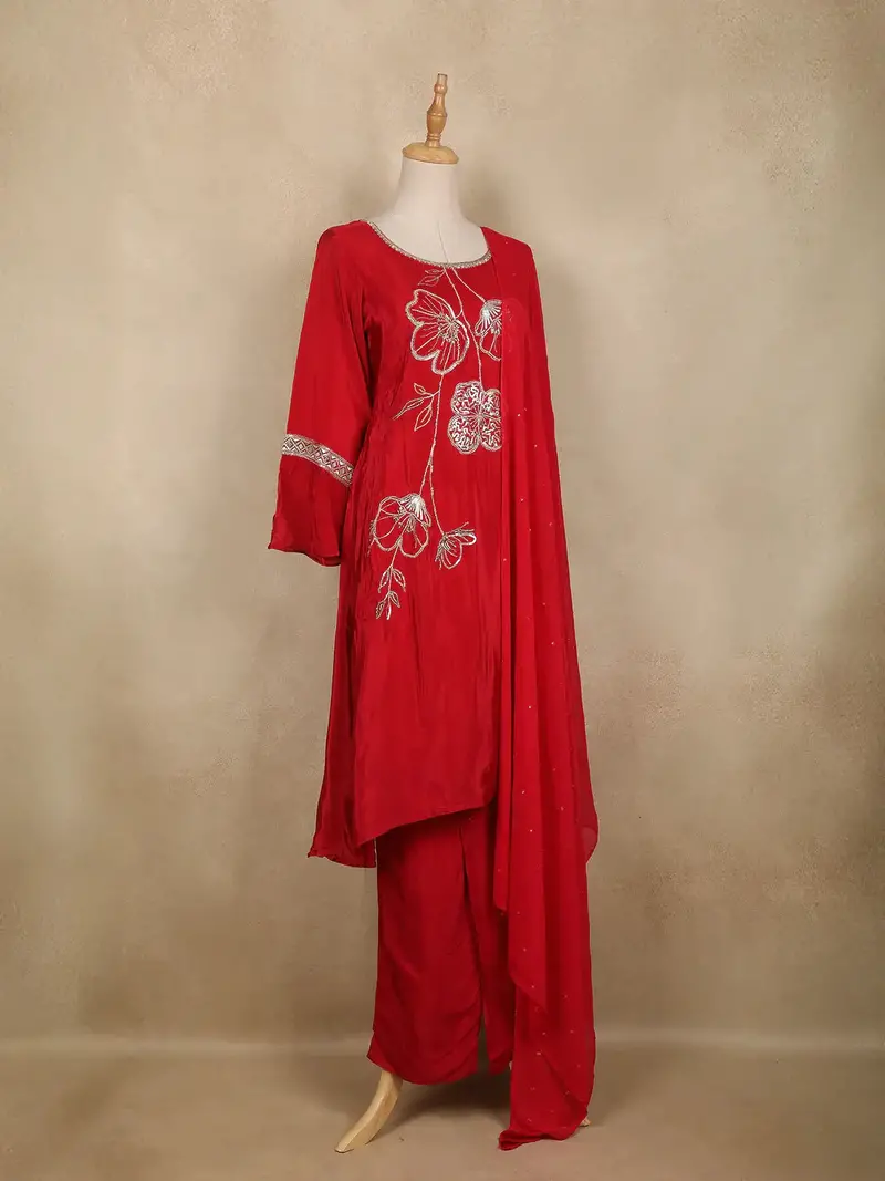Red Floral Sequins Design Synthetic Salwar Suit 4
