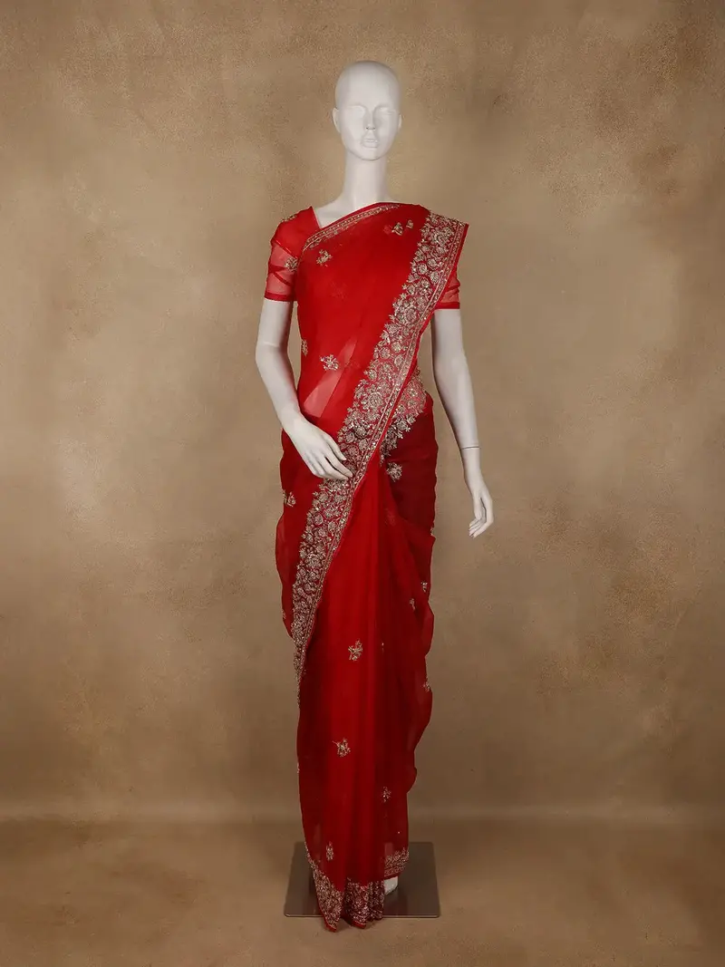 Red Floral Sequins Designed Net Saree 1