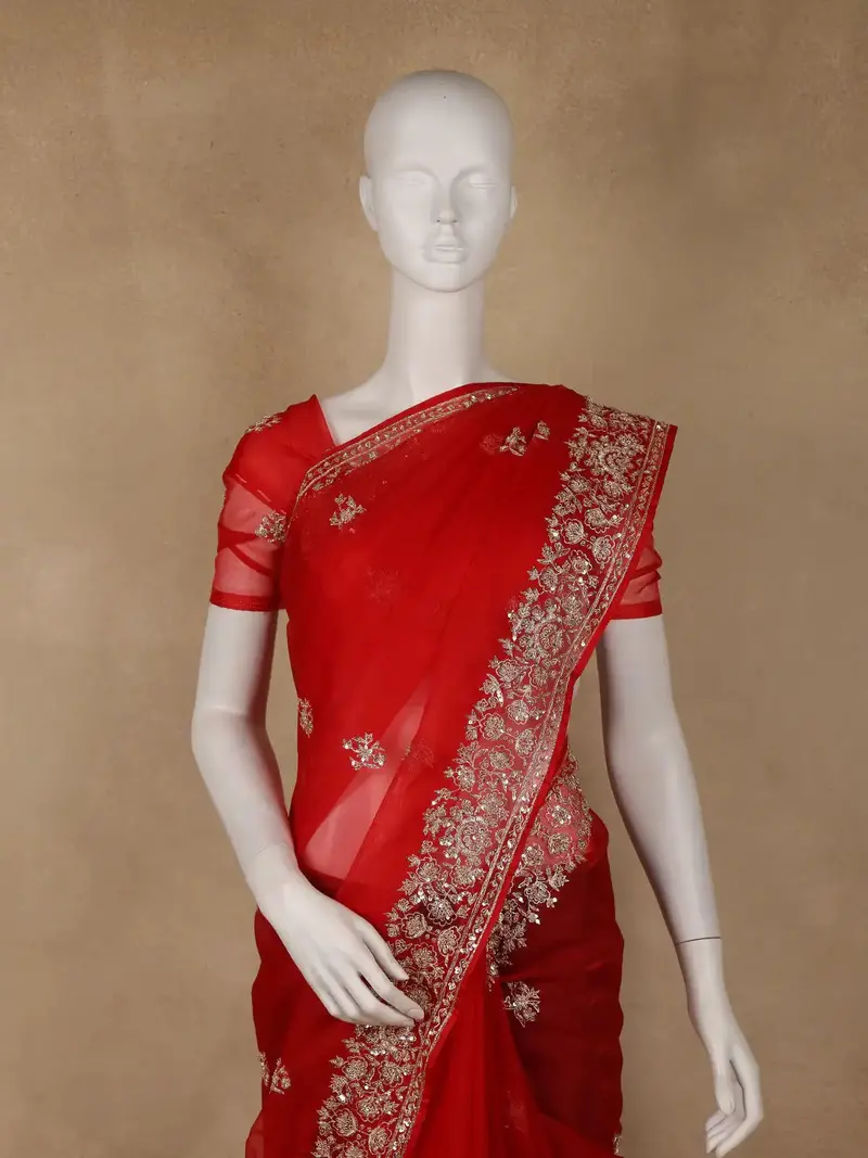 Red Floral Sequins Designed Net Saree 2