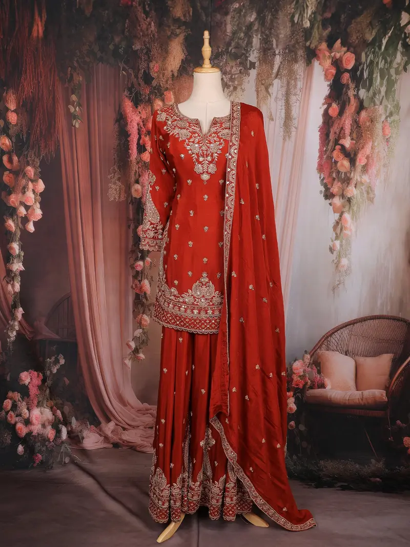 Red Floral Sequins Embroidered Design Crepe Palazzo Suit 1