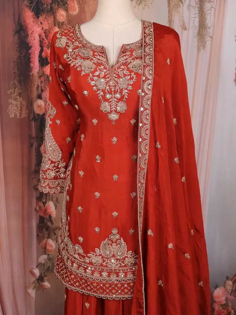 Red Floral Sequins Embroidered Design Crepe Palazzo Suit 2
