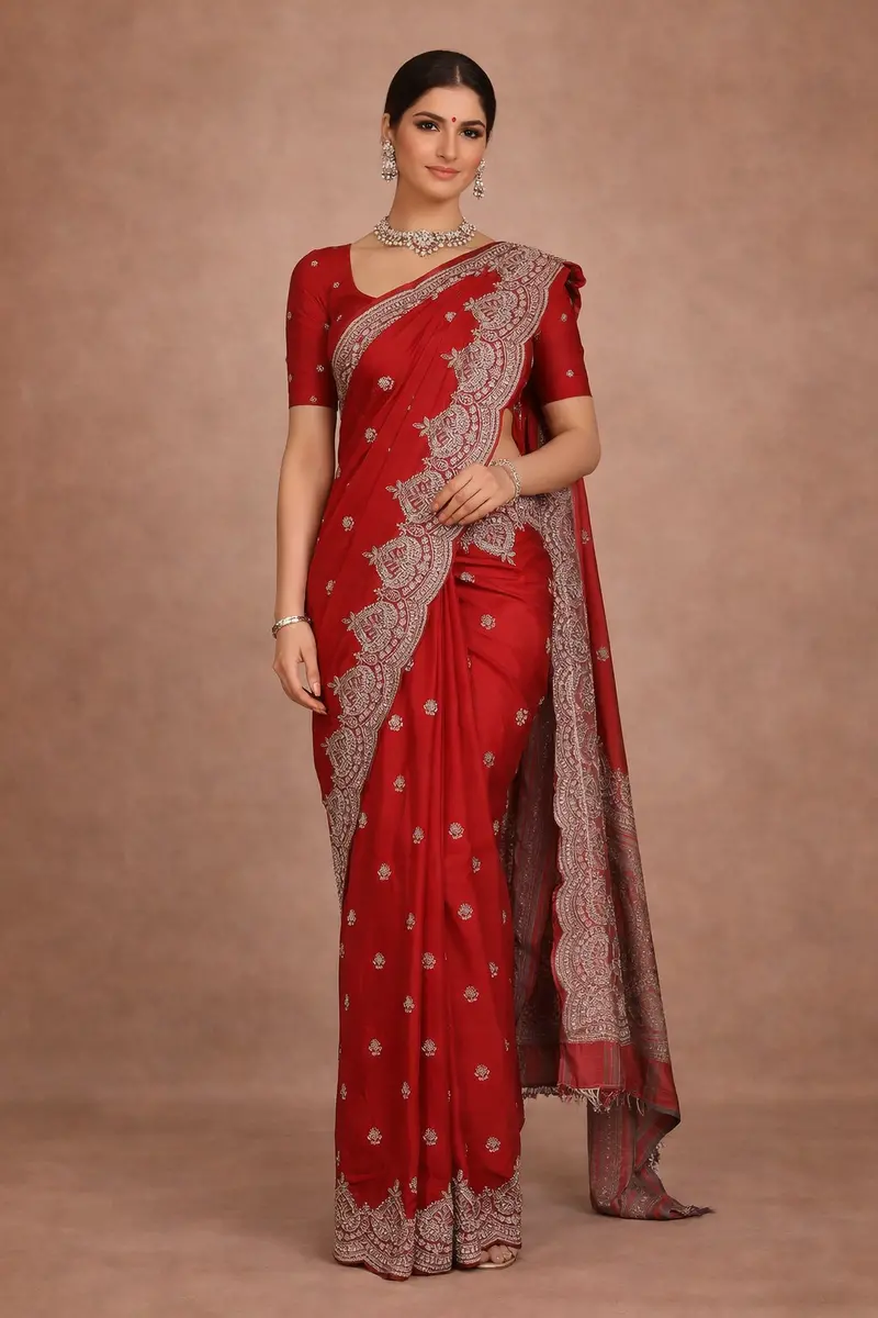 Red Floral Sequins Embroidered Satin Saree 1