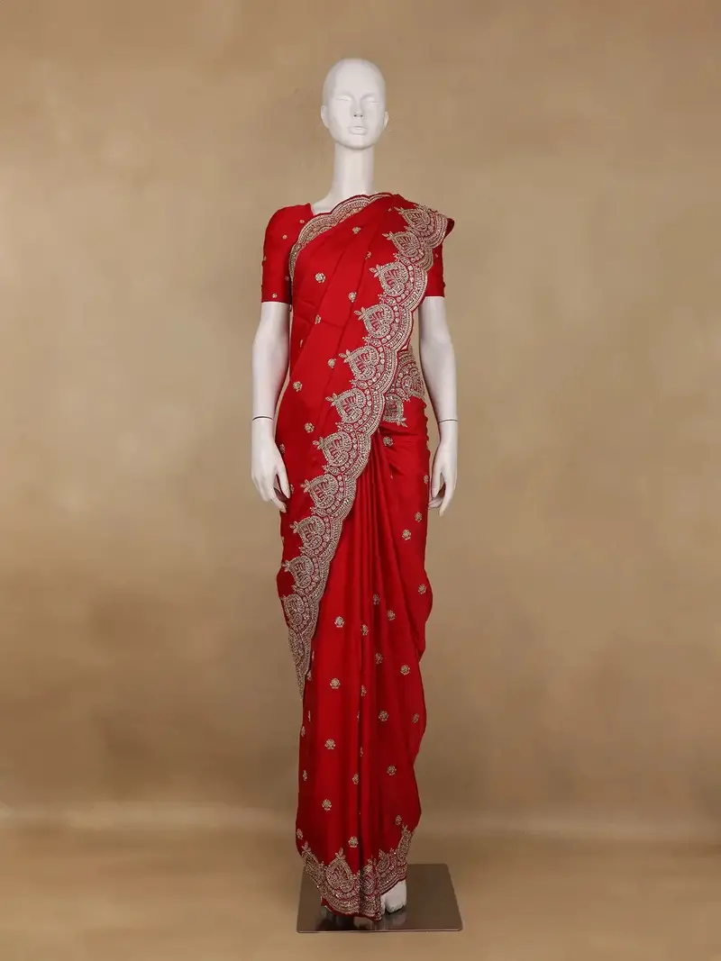 Red Floral Sequins Embroidered Satin Saree 2