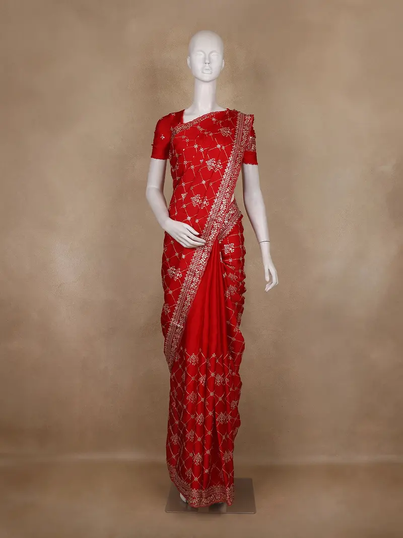 Red Floral Sequins Embroidered Semi Banarasi Saree With Designer Border 1
