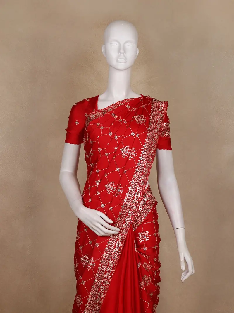 Red Floral Sequins Embroidered Semi Banarasi Saree With Designer Border 2