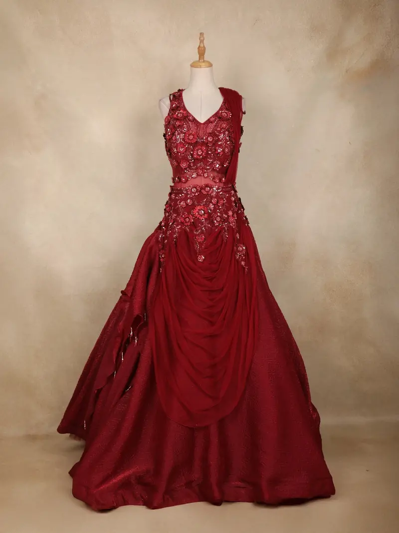 Red Floral Sequins Embroidered Textured Satin Gown 1