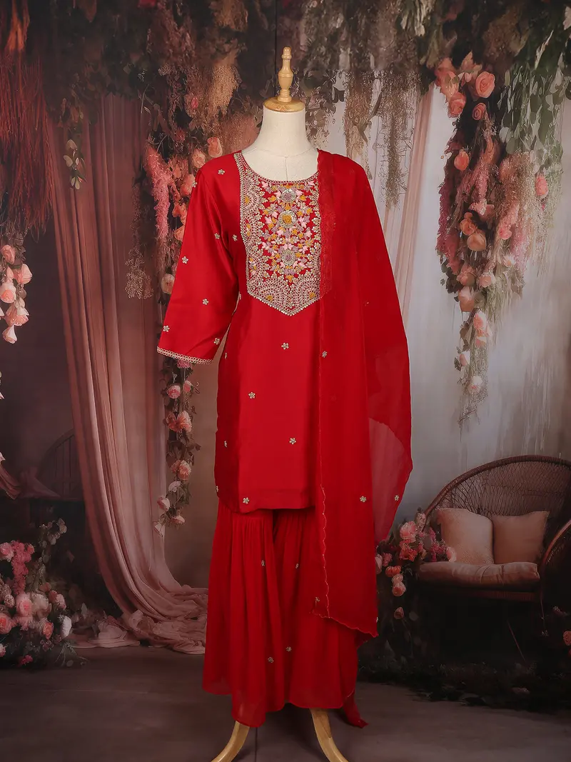 Red Floral Thread Embroidered Design Raw Silk Sharara Suit With Dupatta 1