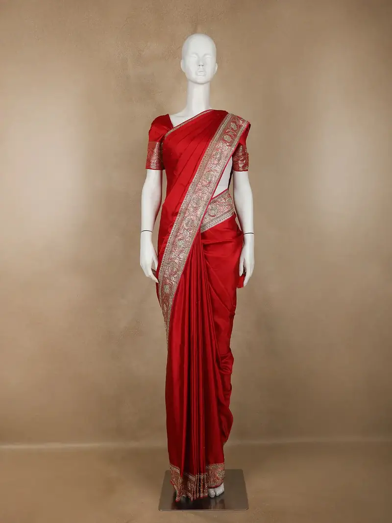 Red Floral Weave And Stone Work Banarasi Silk Saree 1