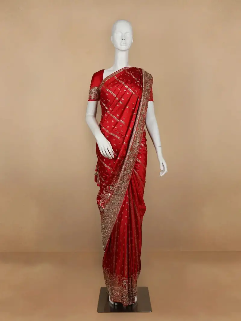 Red Floral Weave And Stone Work Banarasi Silk Saree 1