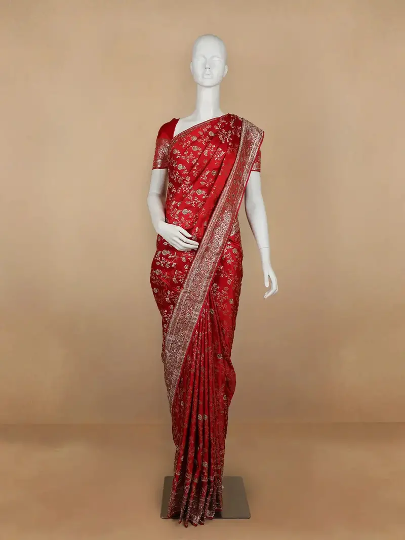 Red Floral Weave And Stone Work Banarasi Silk Saree 1