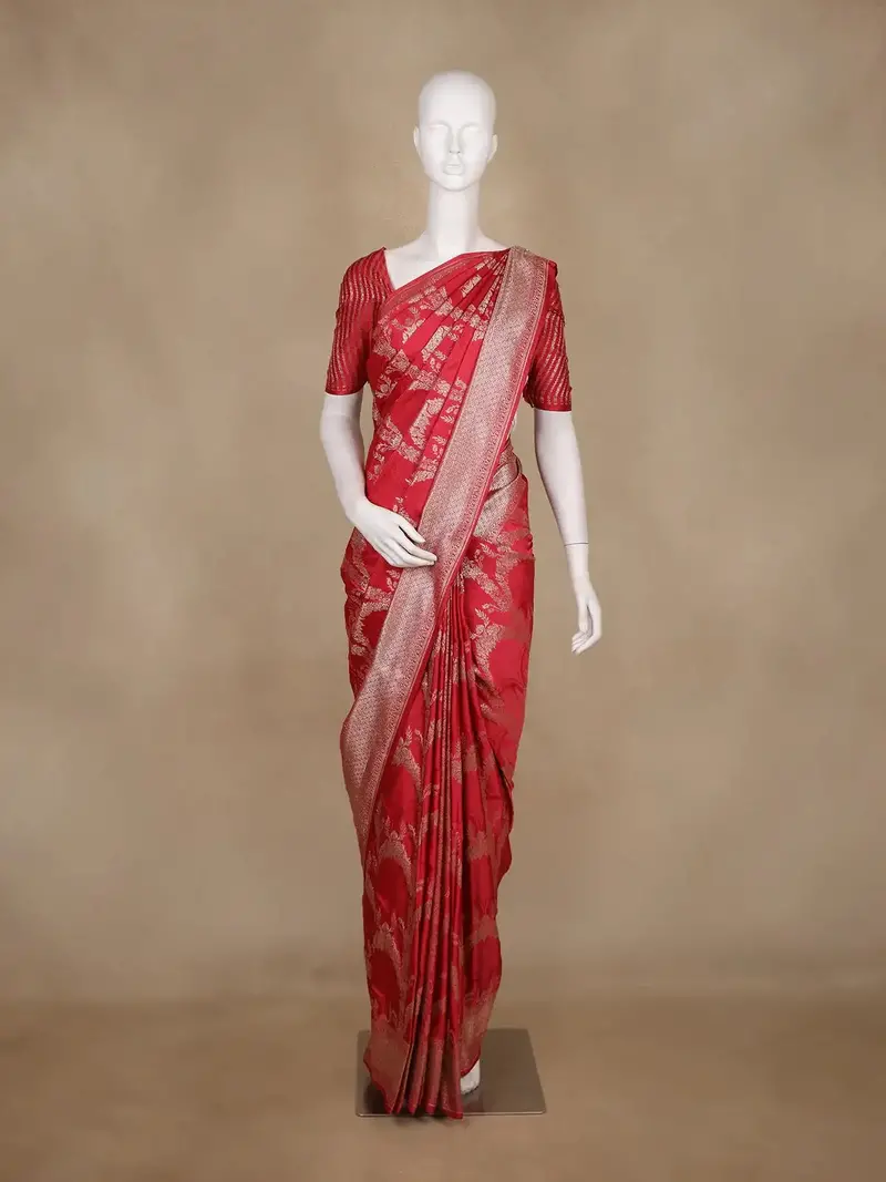 Red Floral Woven Banarasi Silk Saree 1