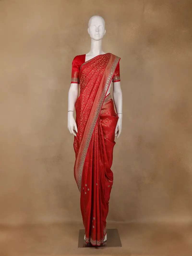 Red Floral Woven Banarasi Silk Saree 1