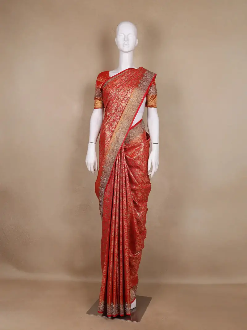 Red Floral Woven Banarasi Silk Saree 1