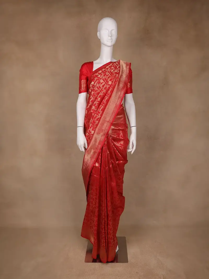 Red Floral Woven Banarasi Silk Saree 1