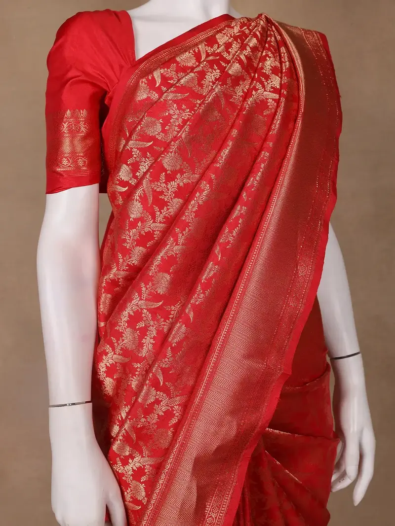 Red Floral Woven Banarasi Silk Saree 2