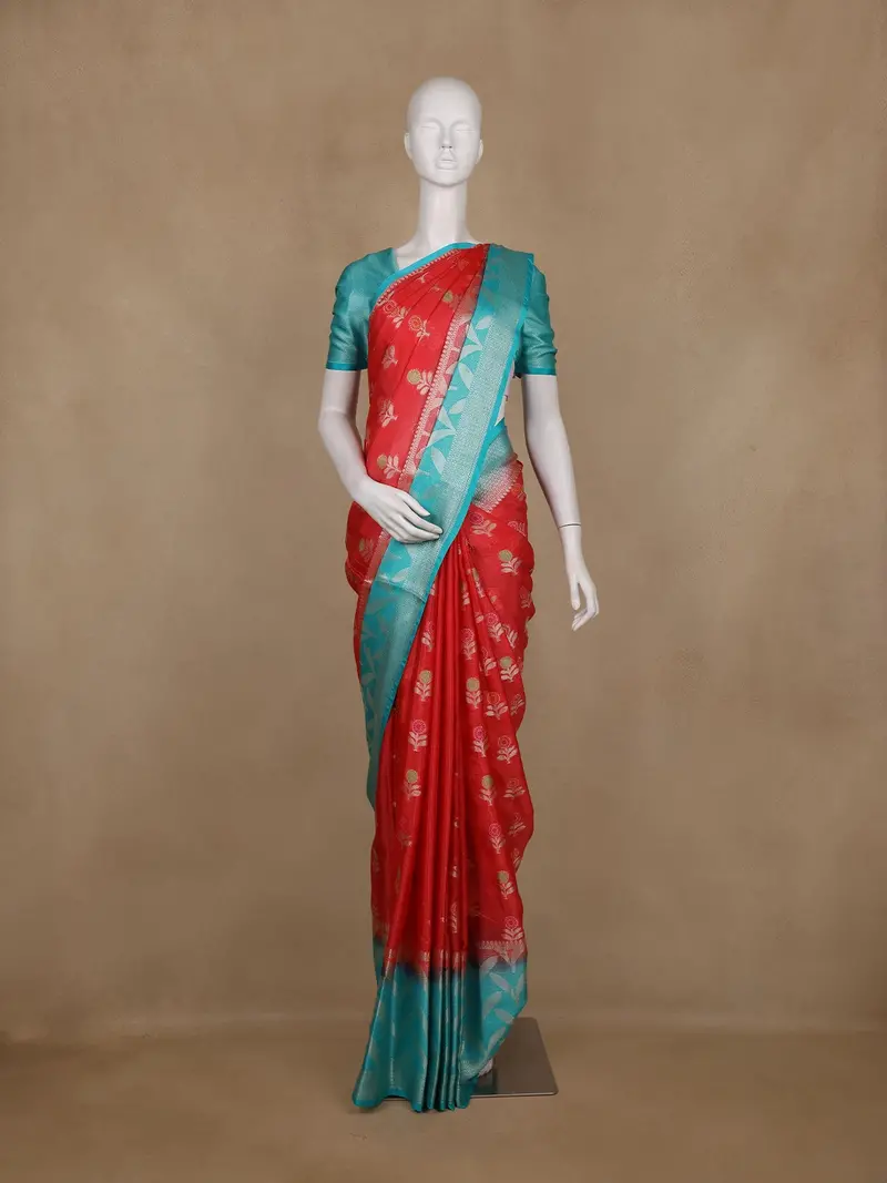 Red Floral Woven Banarasi Silk Saree With Contrast Border 1