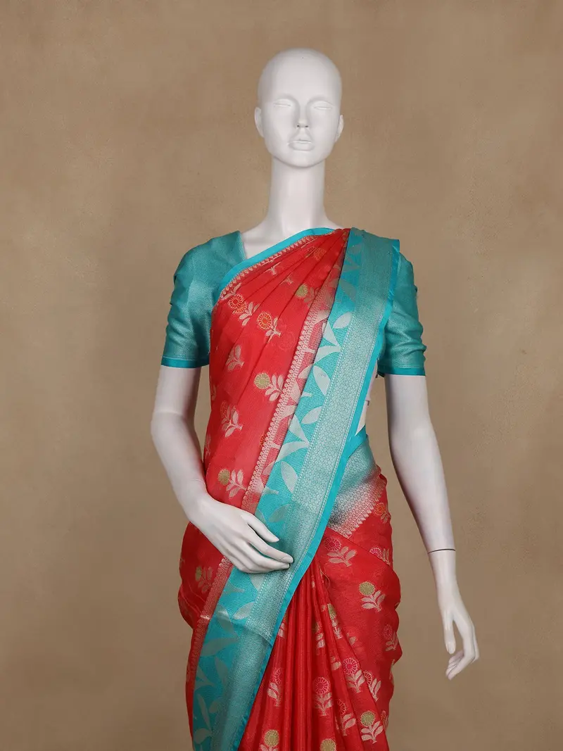Red Floral Woven Banarasi Silk Saree With Contrast Border 2