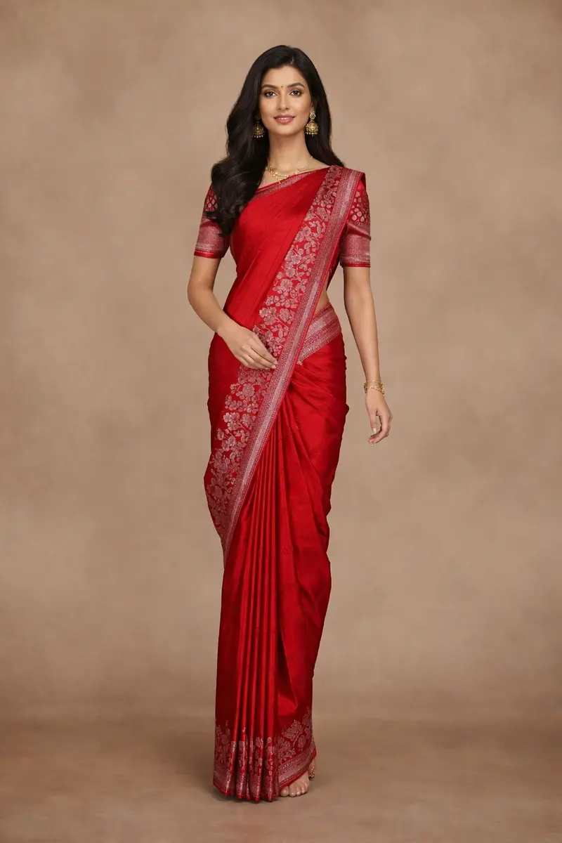 Red Floral Woven Banarasi Silk Saree With Silver Zari Border 1