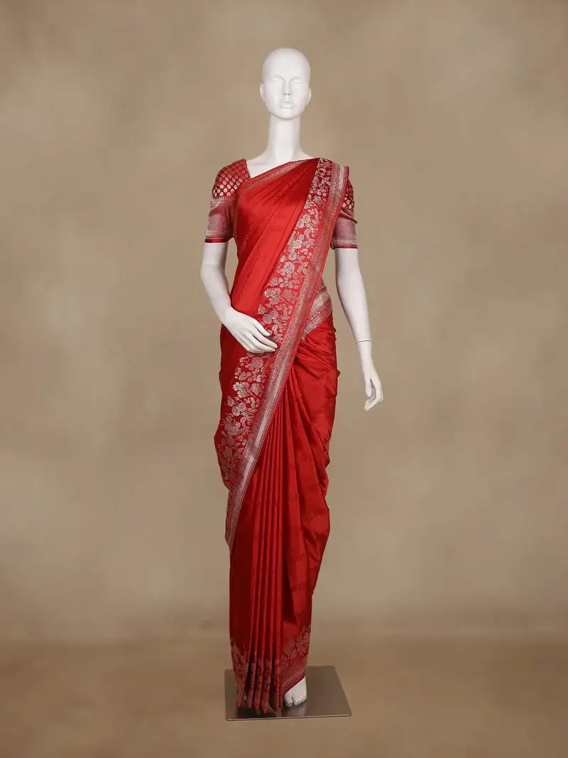 Red Floral Woven Banarasi Silk Saree With Silver Zari Border 2