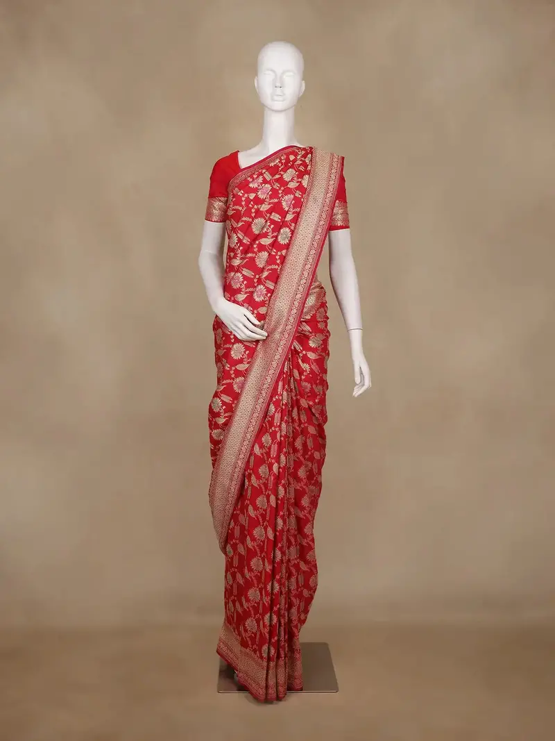 Red Floral Woven Banarasi Silk Saree With Zari Border 1