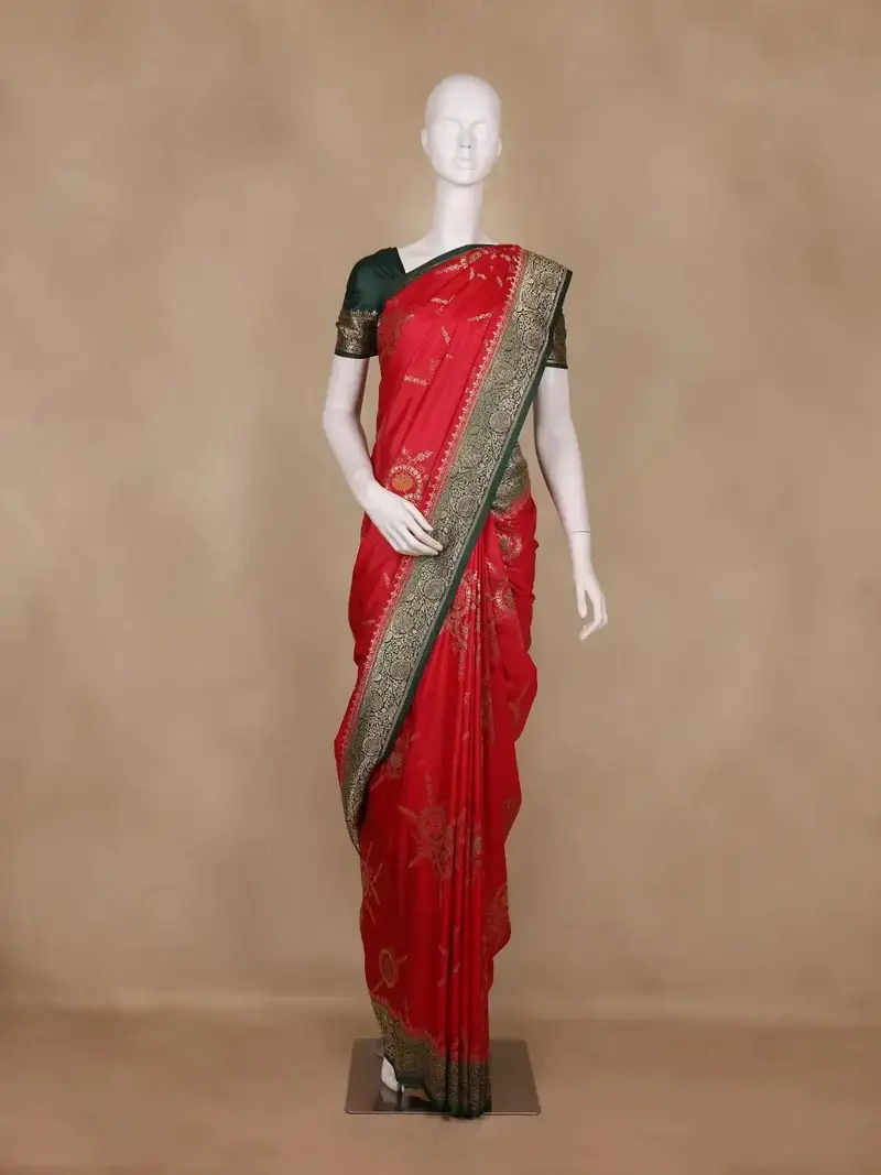 Red Floral Woven Design Banarasi Silk Saree 1