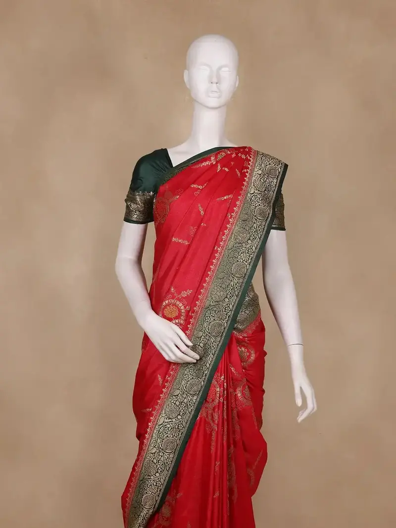 Red Floral Woven Design Banarasi Silk Saree 2
