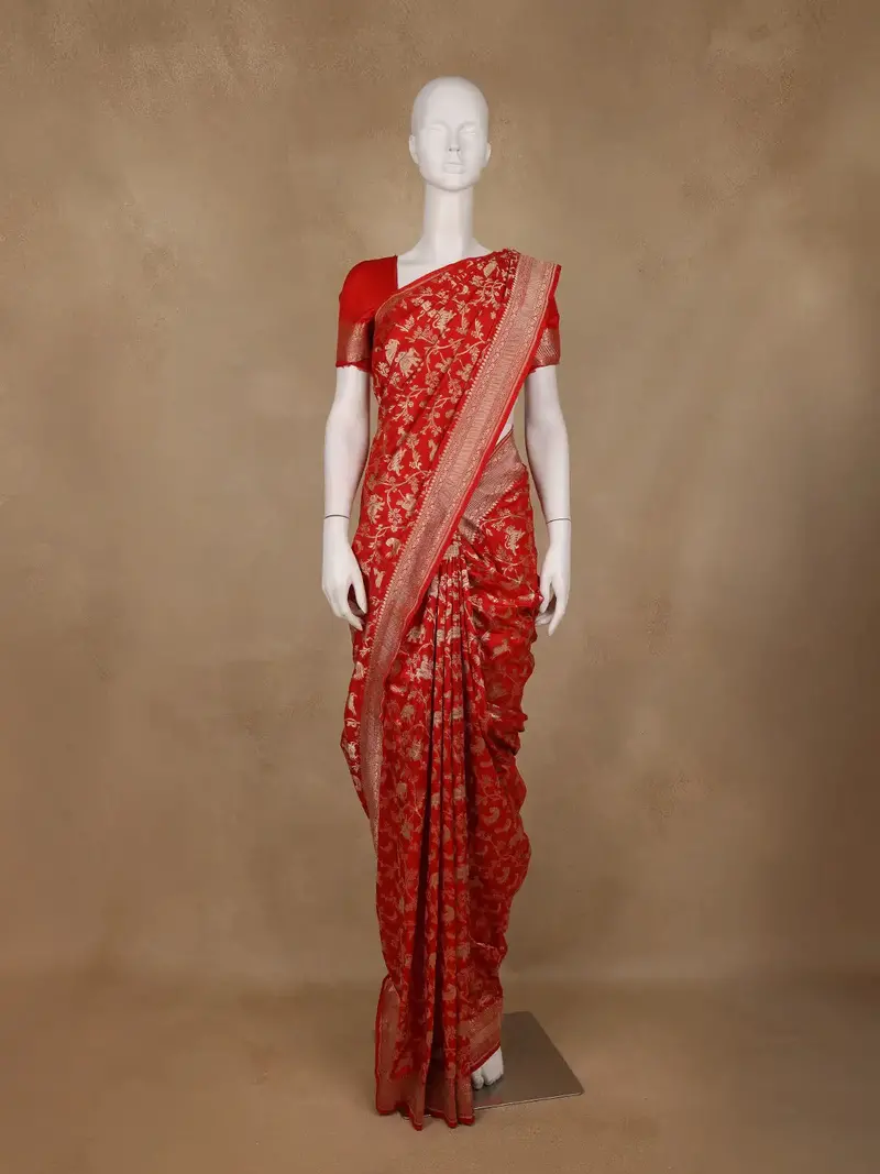 Red Floral Woven Design Pure Banarasi Saree 1