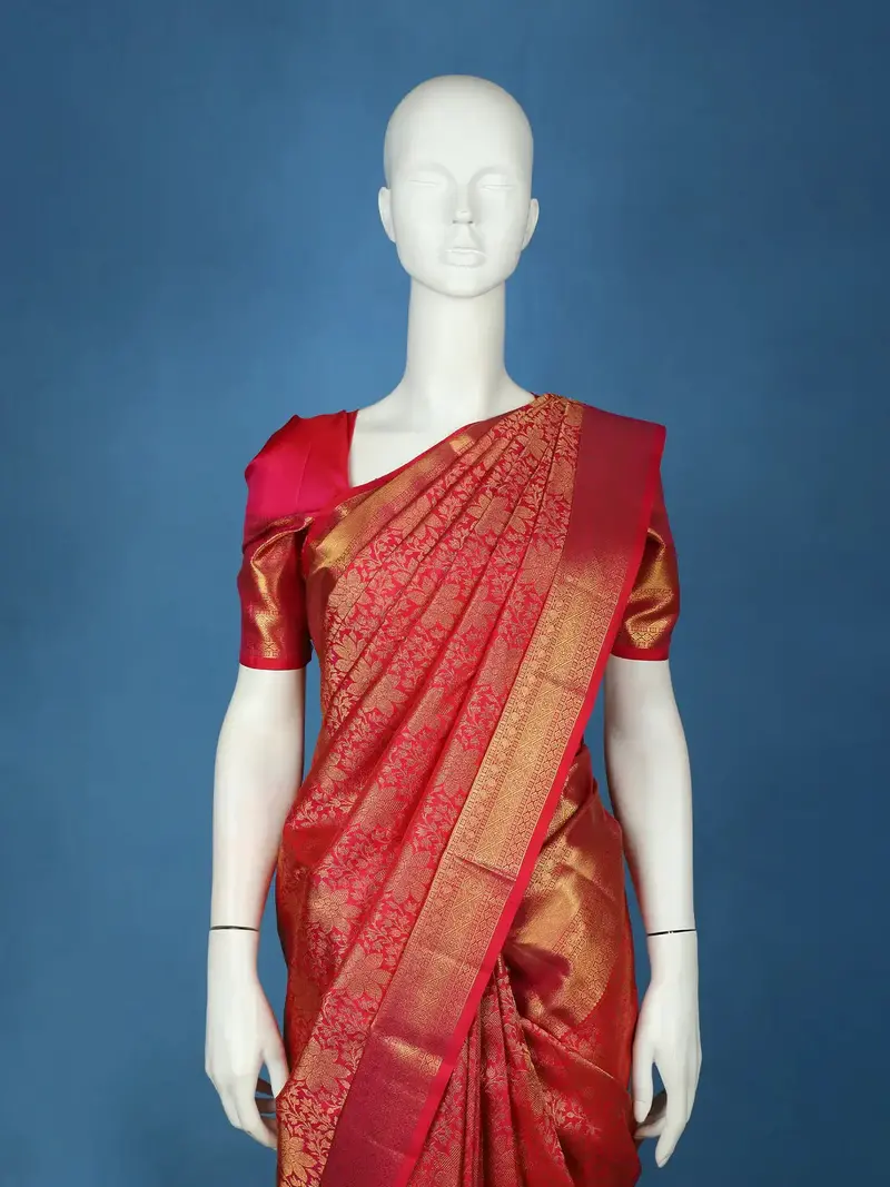 Red Floral Woven Kanchipuram Silk Saree With Zari Border 2