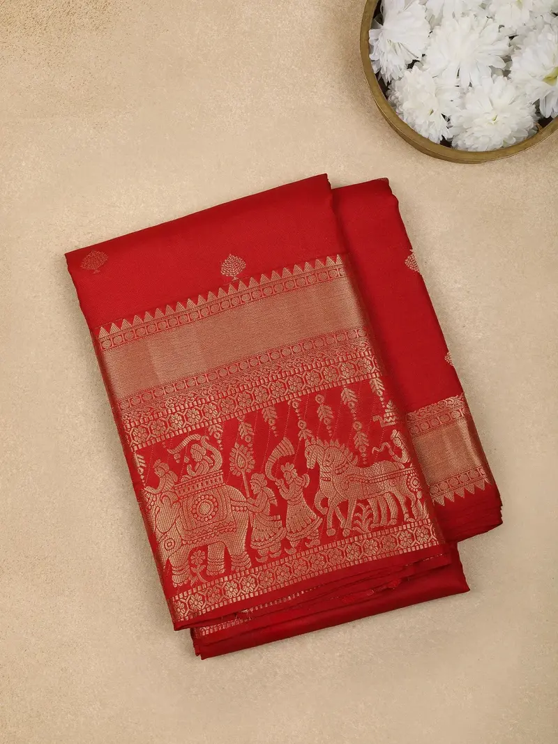 Red Floral Woven Pure Kanchipuram Silk Saree 1