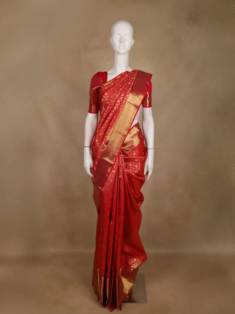 Red Floral Woven Pure Kanchipuram Silk Saree With Rich Zari Border 1