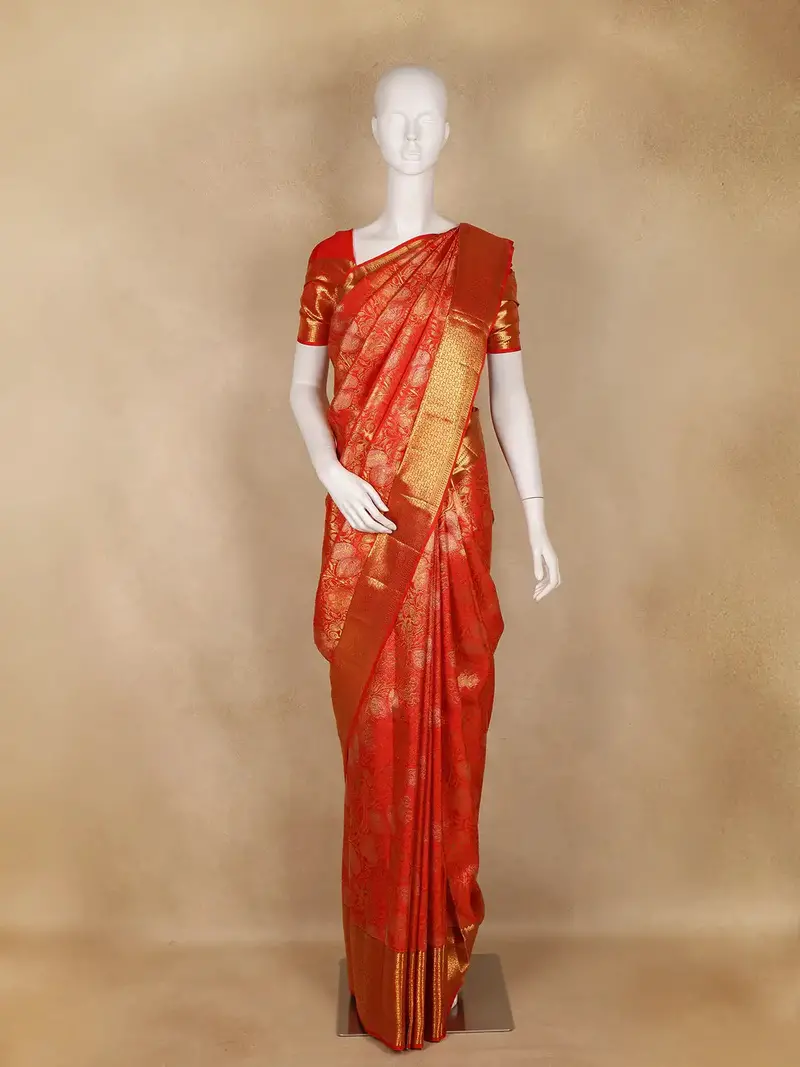 Red Floral Woven Pure Kanchipuram Silk Saree With Zari Border 1