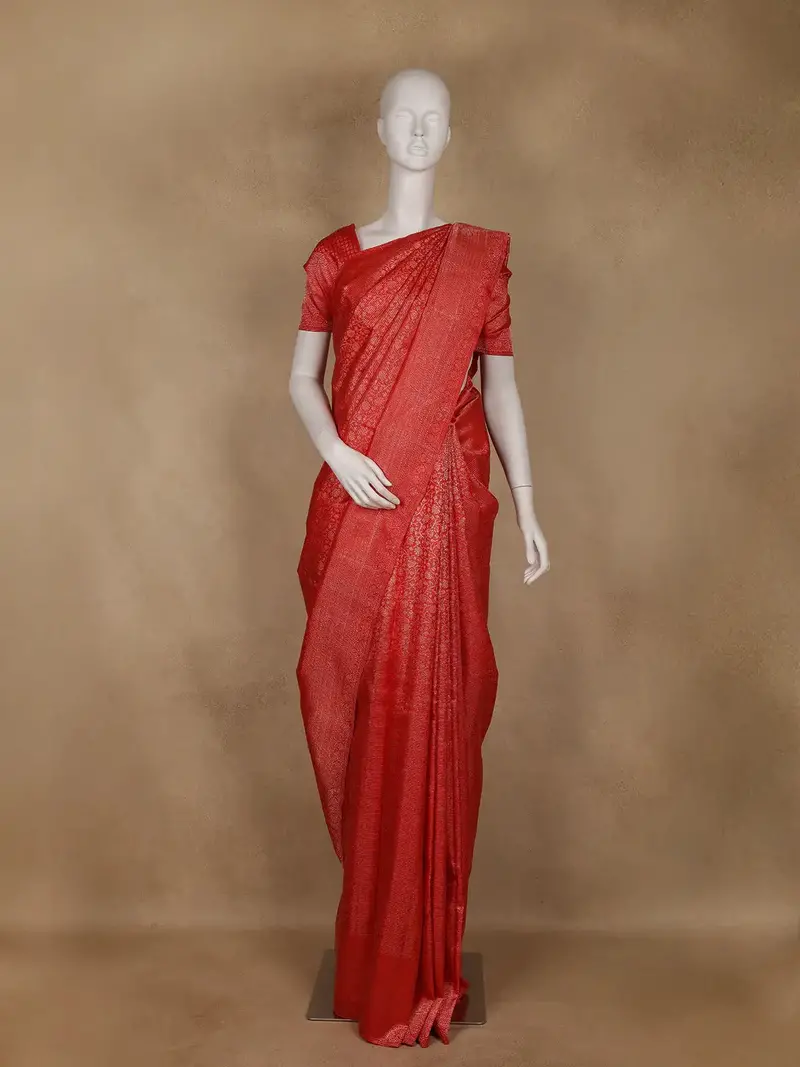 Red Floral Woven Pure Kanchipuram Silk Saree With Zari Border 1