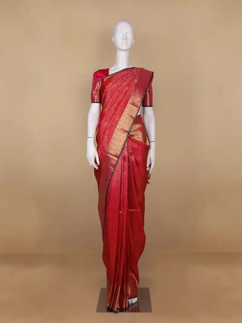 Red Floral Woven Pure Kanchipuram Silk Saree With Zari Border 1