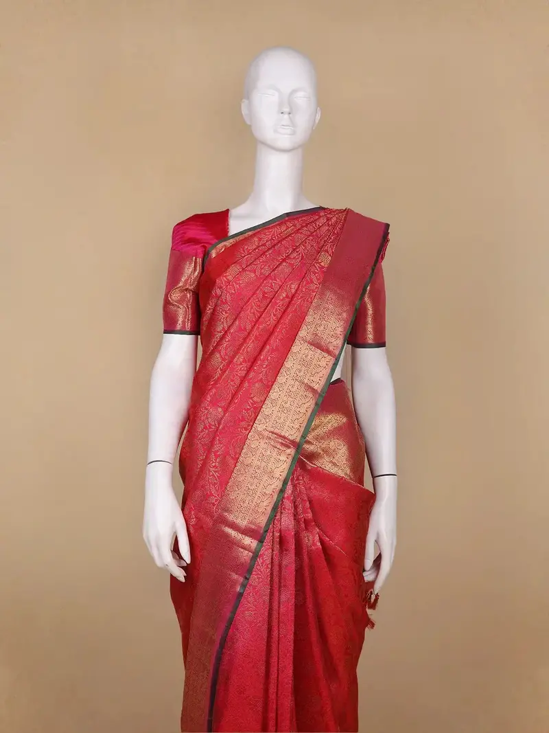 Red Floral Woven Pure Kanchipuram Silk Saree With Zari Border 2