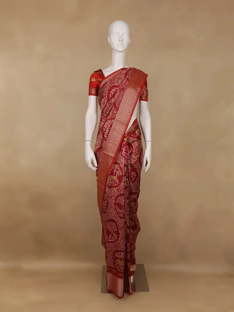 Red Floral Woven Tussar Silk Saree 1