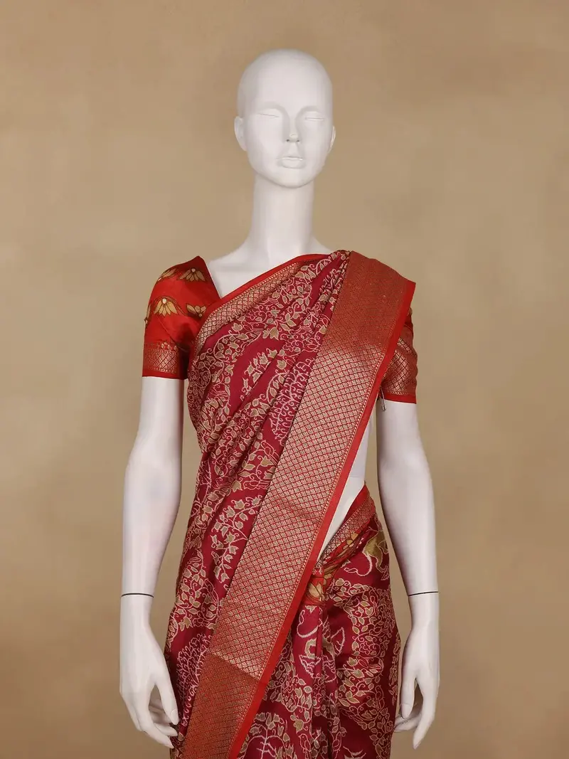 Red Floral Woven Tussar Silk Saree 2