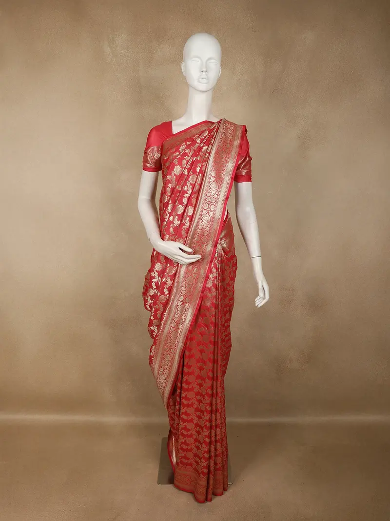 Red Floral Zari Woven Design Banarasi Fancy Saree 1