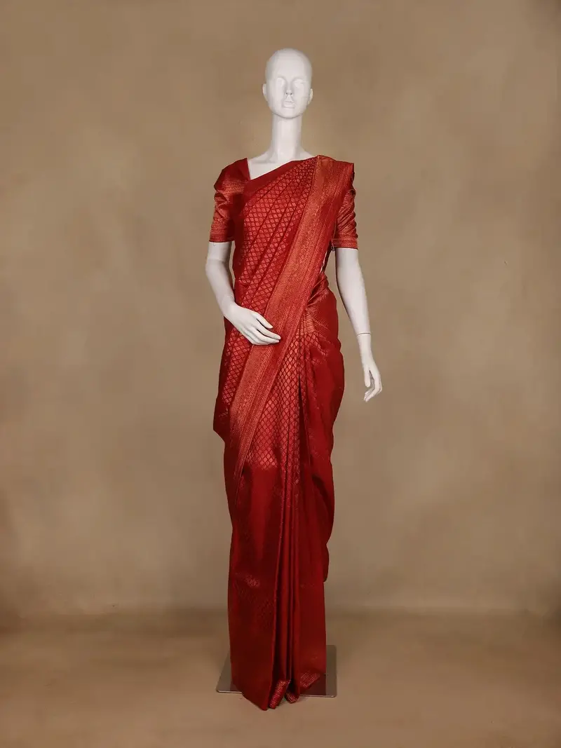 Red Geometric Butta Woven Pure Kanchipuram Silk Saree 1