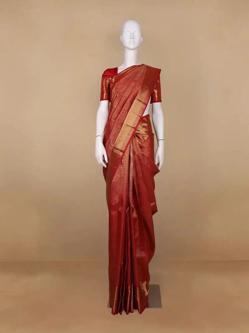 Red Geometric Butta Woven Pure Kanchipuram Silk Saree With Zari Border 1