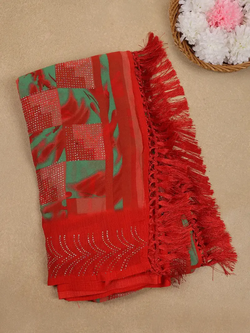 Red Geometric Checked Print With Beaded Synthetic Saree 1